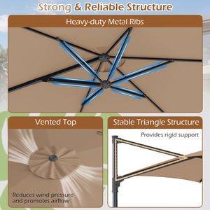 10 FT Patio Cantilever Umbrella with 360° Rotation and Air Vent for Backyard and Poolside-Tan view 8