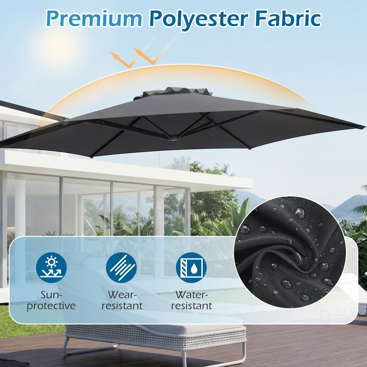 10 FT Patio Cantilever Umbrella with 360° Rotation and Air Vent for Backyard and Poolside-Gray view 7