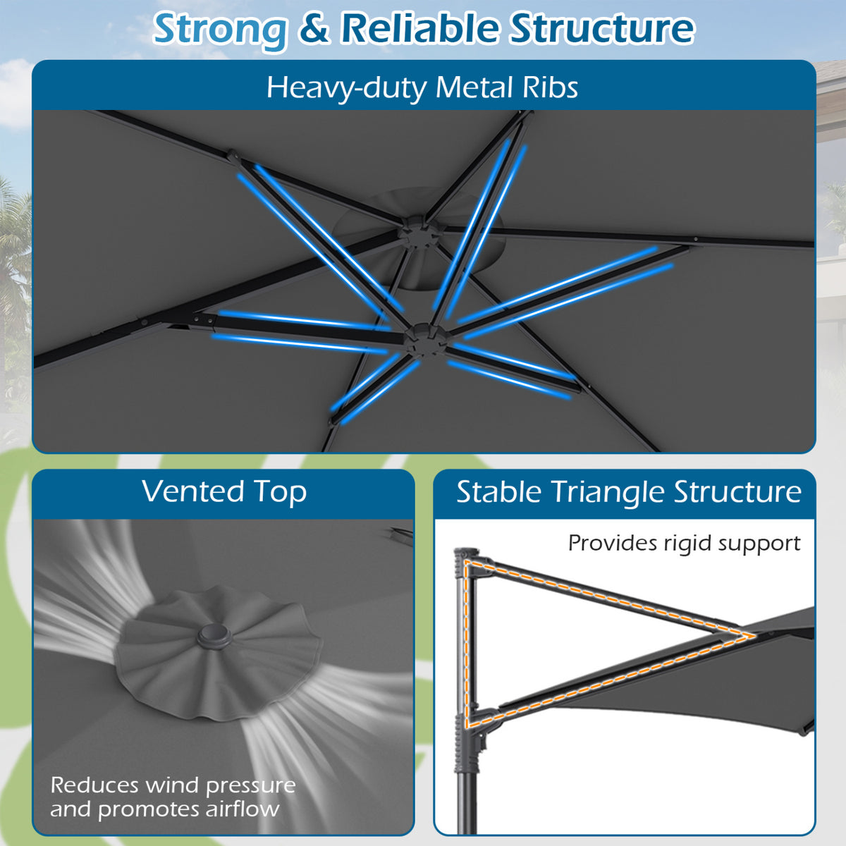 10 FT Patio Cantilever Umbrella with 360° Rotation and Air Vent for Backyard and Poolside-Gray view 8