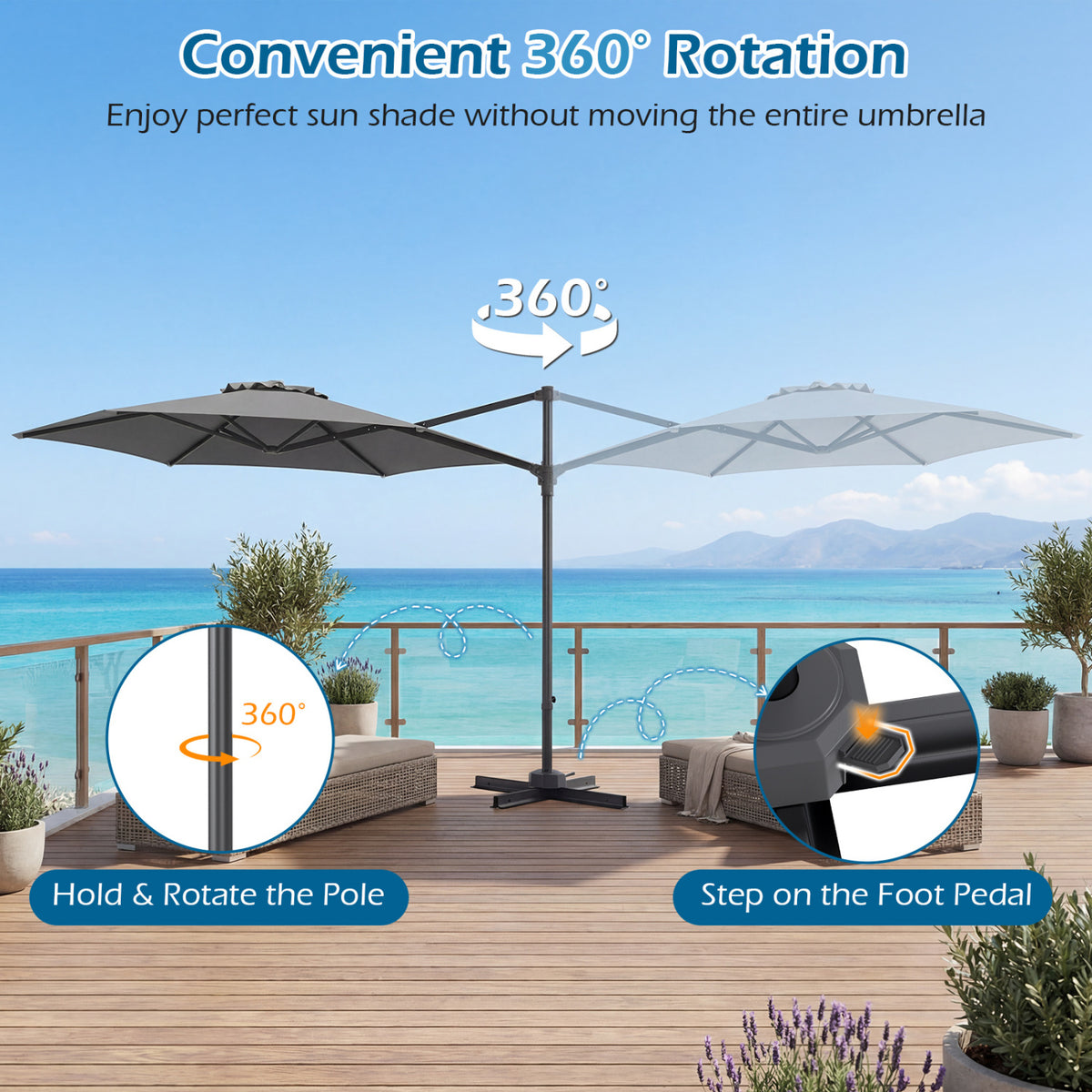 10 FT Patio Cantilever Umbrella with 360° Rotation and Air Vent for Backyard and Poolside-Gray view 9