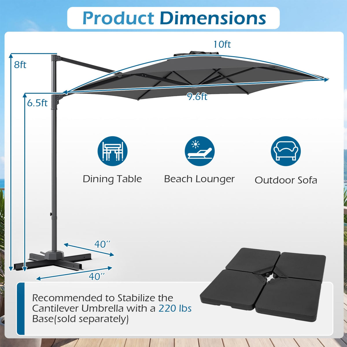 10 FT Patio Cantilever Umbrella with 360° Rotation and Air Vent for Backyard and Poolside-Gray view 5