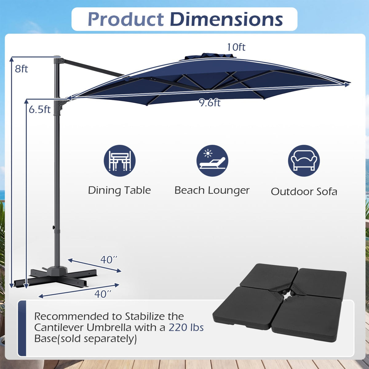 10 FT Patio Cantilever Umbrella with 360° Rotation and Air Vent for Backyard and Poolside-Blue view 5
