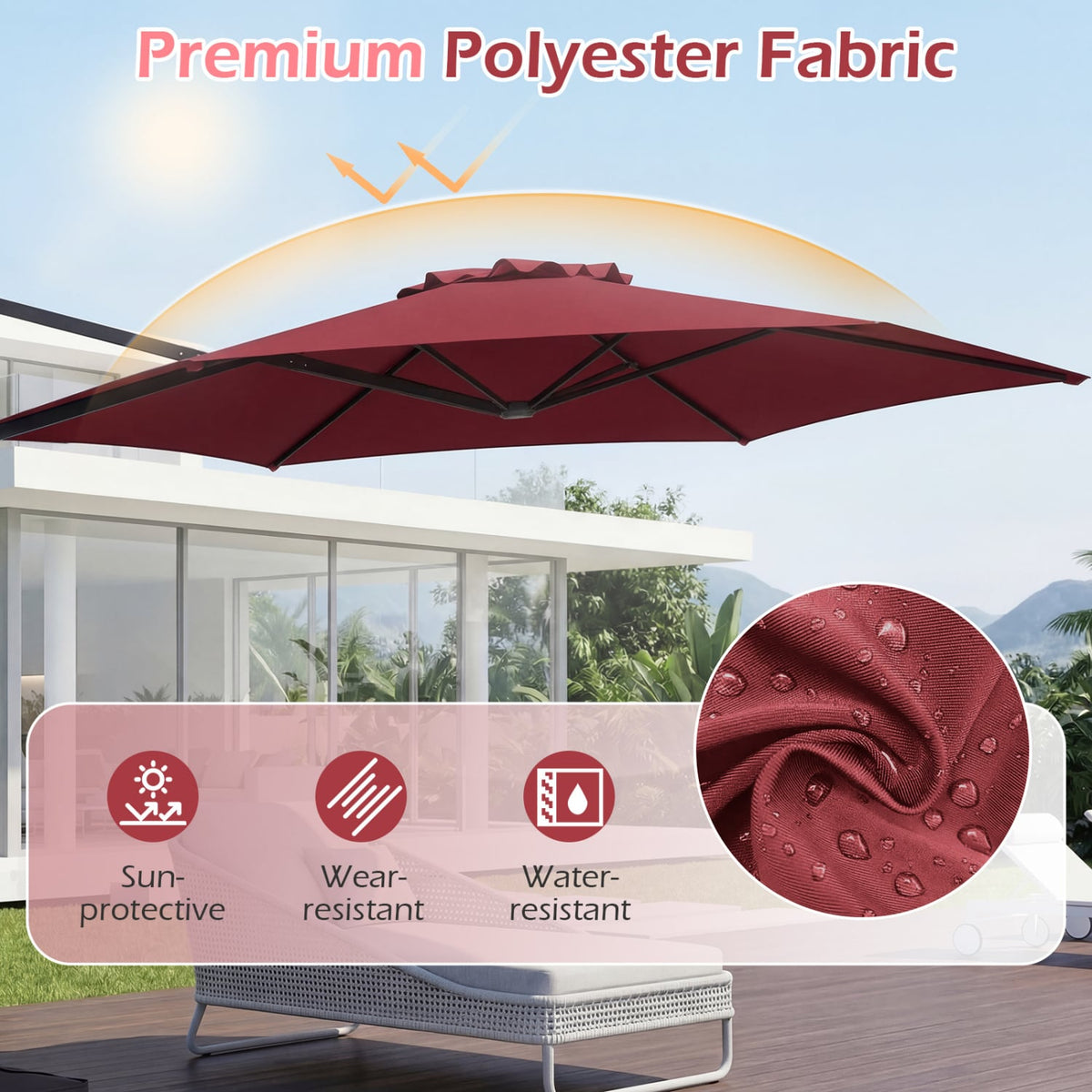 10 FT Patio Cantilever Umbrella with 360° Rotation and Air Vent for Backyard and Poolside-Wine view 7