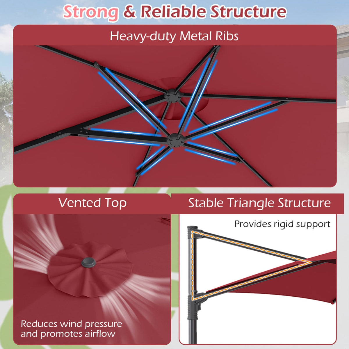 10 FT Patio Cantilever Umbrella with 360° Rotation and Air Vent for Backyard and Poolside-Wine view 8