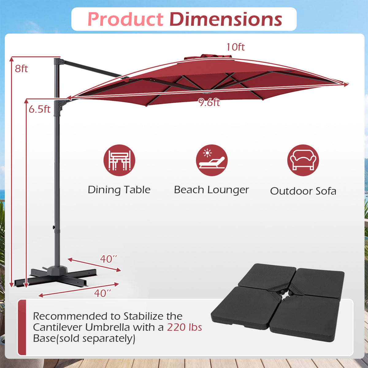 10 FT Patio Cantilever Umbrella with 360° Rotation and Air Vent for Backyard and Poolside-Wine view 5