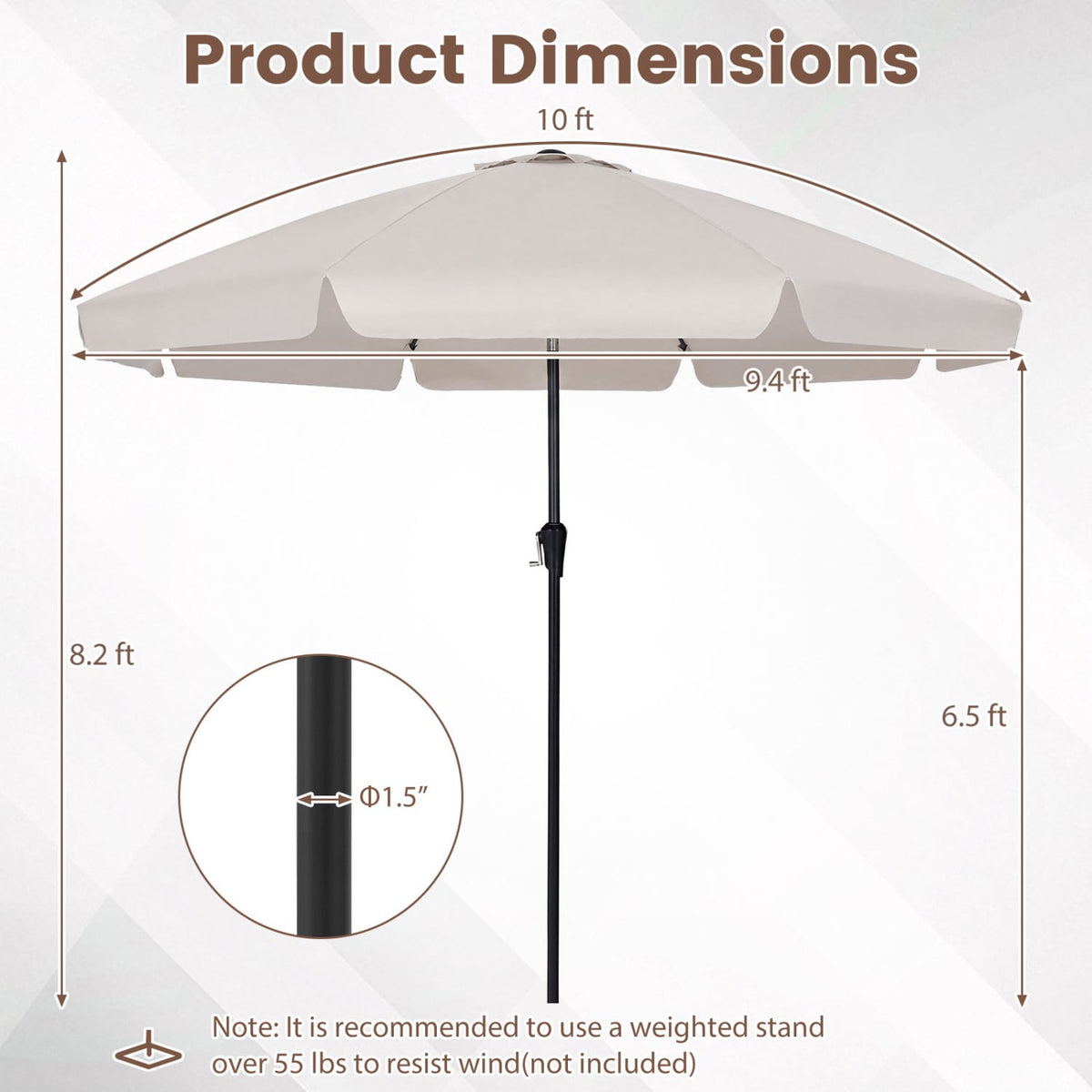 10 FT Scalloped Patio Umbrella with Push Button Tilt and 8 Fiberglass Ribs-Beige view 5