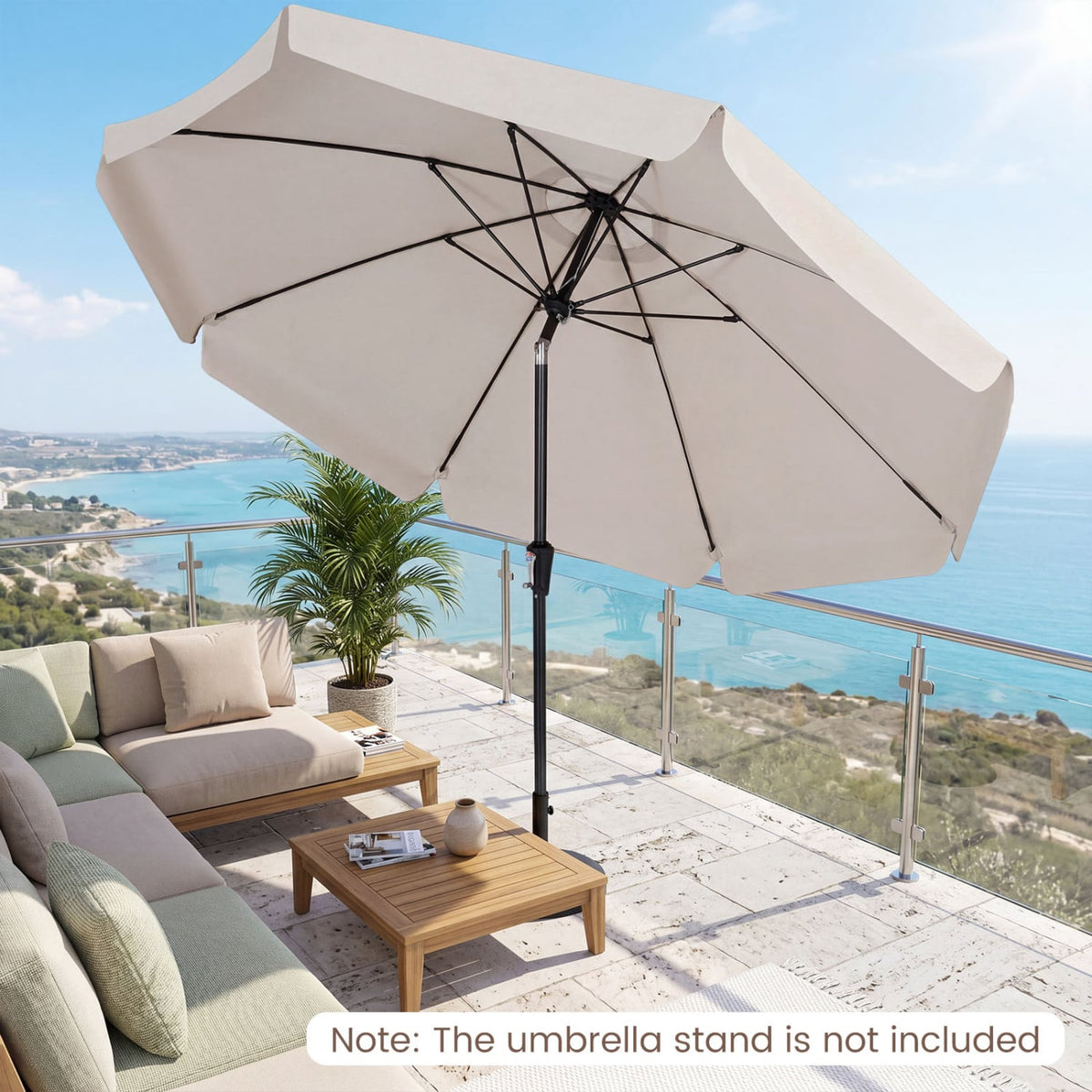 10 FT Scalloped Patio Umbrella with Push Button Tilt and 8 Fiberglass Ribs-Beige view 7