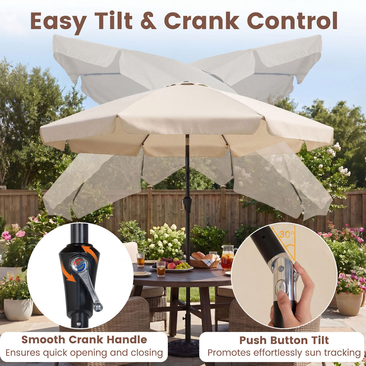 10 FT Scalloped Patio Umbrella with Push Button Tilt and 8 Fiberglass Ribs-Beige view 9