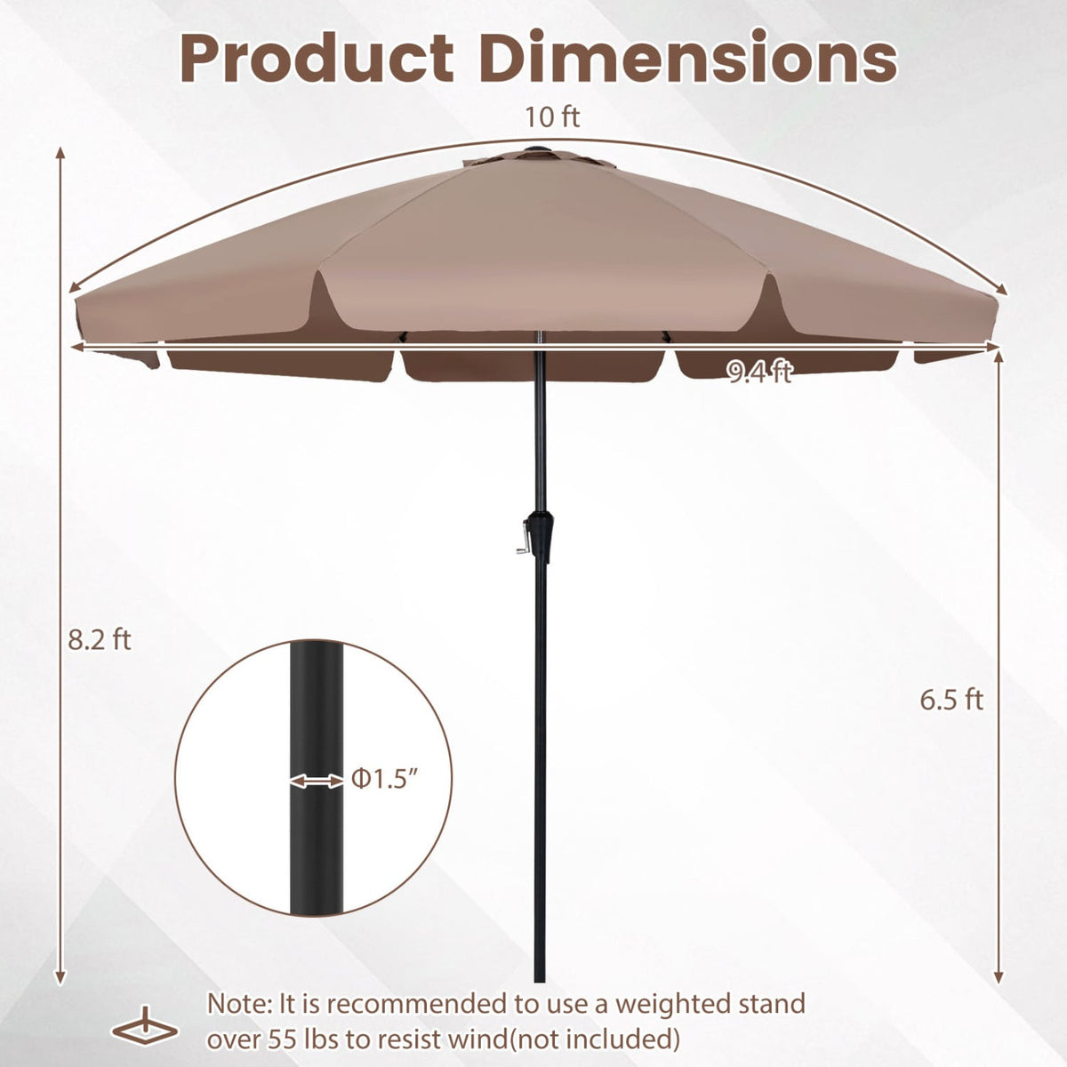 10 FT Scalloped Patio Umbrella with Push Button Tilt and 8 Fiberglass Ribs-Brown view 5