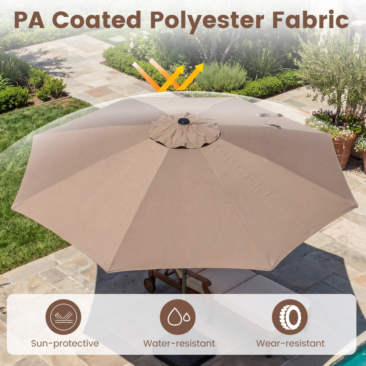 10 FT Scalloped Patio Umbrella with Push Button Tilt and 8 Fiberglass Ribs-Brown view 8