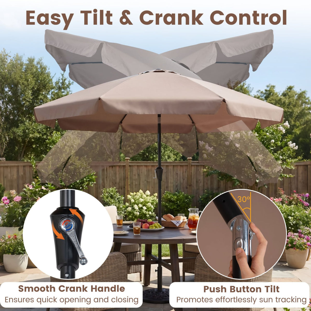 10 FT Scalloped Patio Umbrella with Push Button Tilt and 8 Fiberglass Ribs-Brown view 9