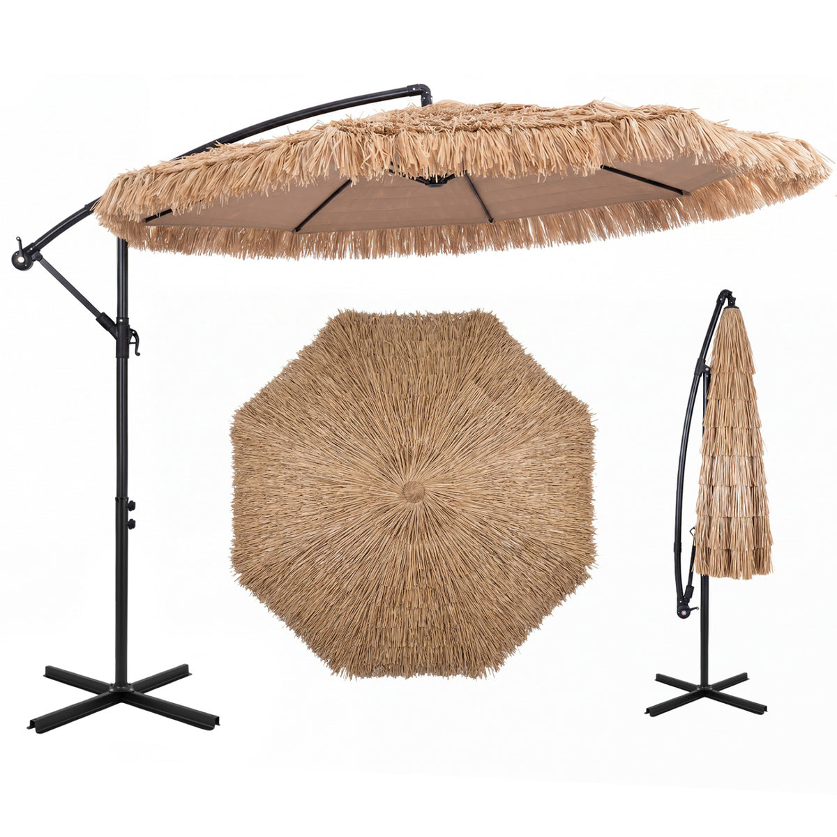 10 FT Solar Thatched Cantilever Umbrella with 12 Modes and Crank Lift-Brown