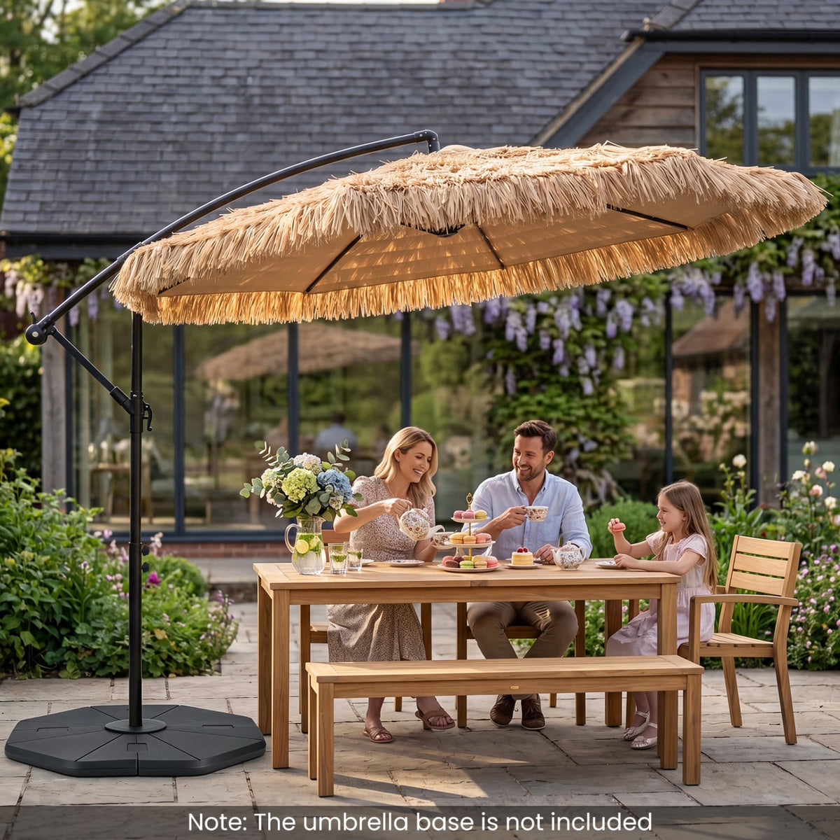 10 FT Solar Thatched Cantilever Umbrella with 12 Modes and Crank Lift-Brown view 2