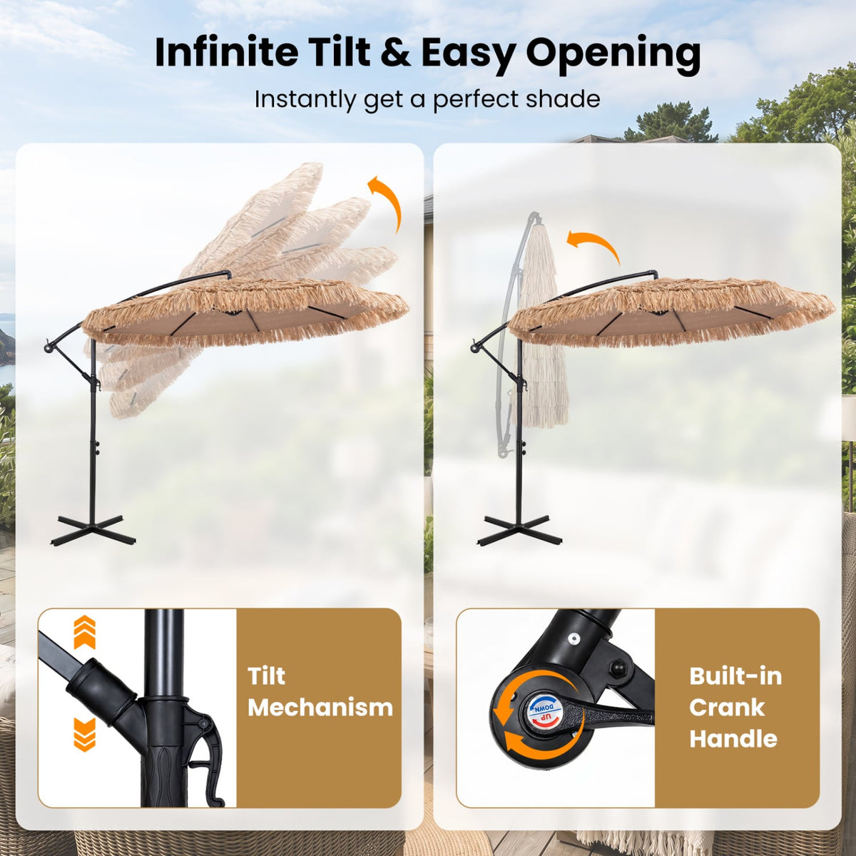 10 FT Solar Thatched Cantilever Umbrella with 12 Modes and Crank Lift-Brown view 6