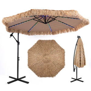 10 FT Solar Thatched Cantilever Umbrella with 96 Multi-color Flowing Lights and 12 Modes-Brown view 4