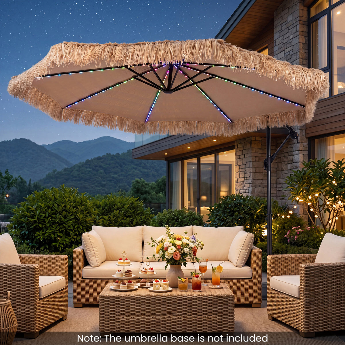 10 FT Solar Thatched Cantilever Umbrella with 96 Multi-color Flowing Lights and 12 Modes-Brown view 3