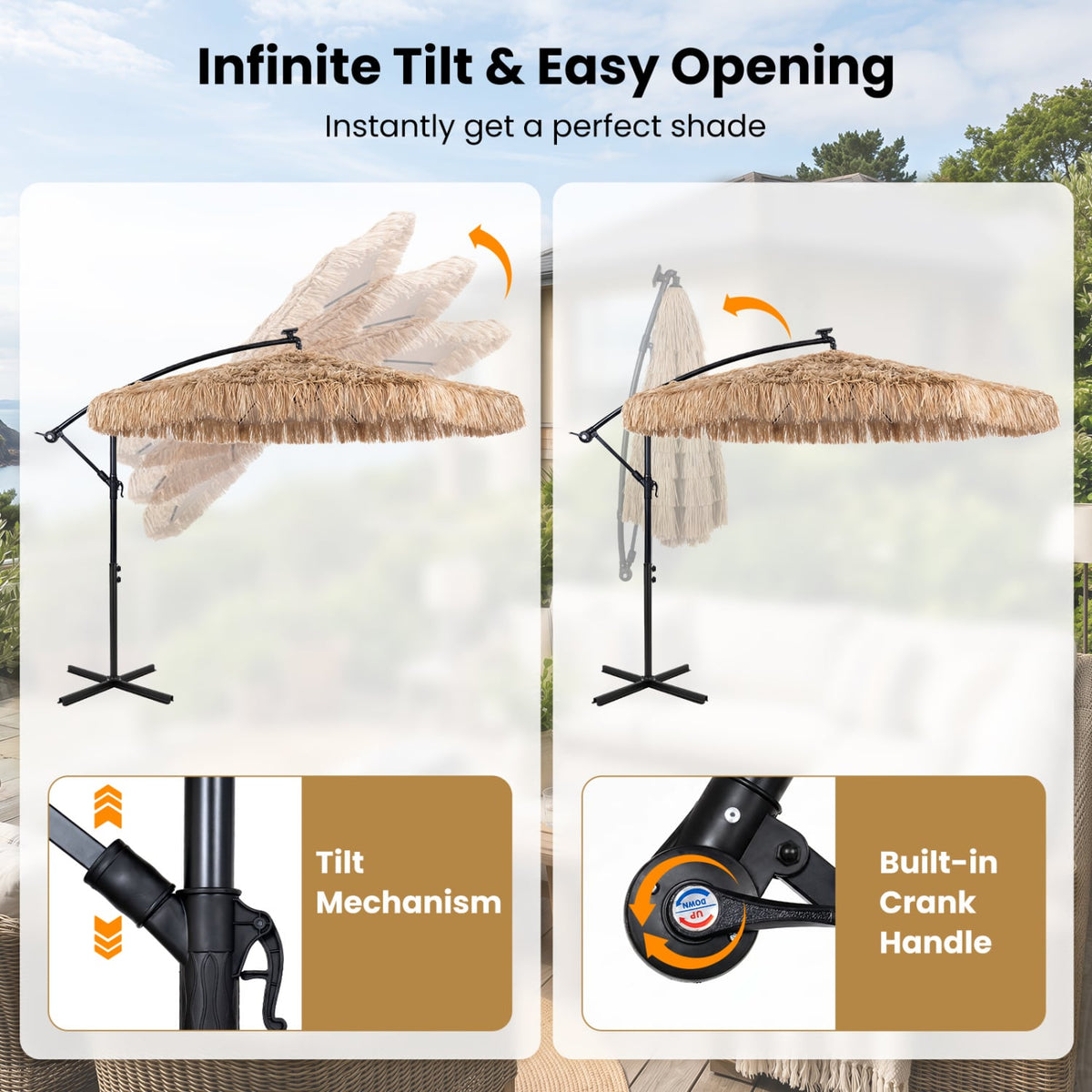 10 FT Solar Thatched Cantilever Umbrella with 96 Multi-color Flowing Lights and 12 Modes-Brown view 7