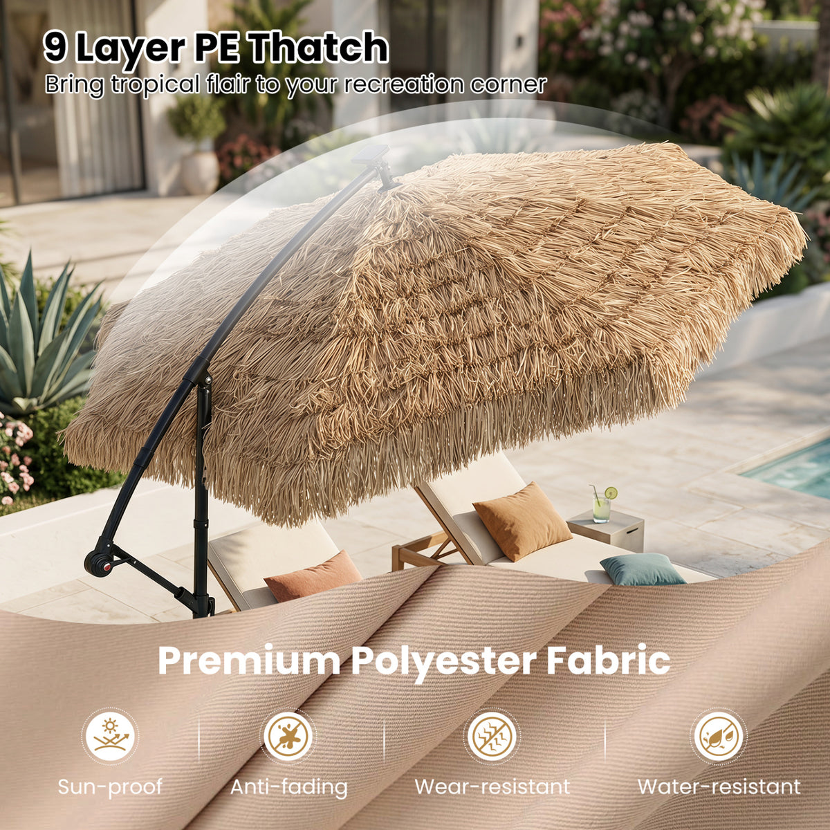 10 FT Solar Thatched Cantilever Umbrella with 96 Multi-color Flowing Lights and 12 Modes-Brown view 8