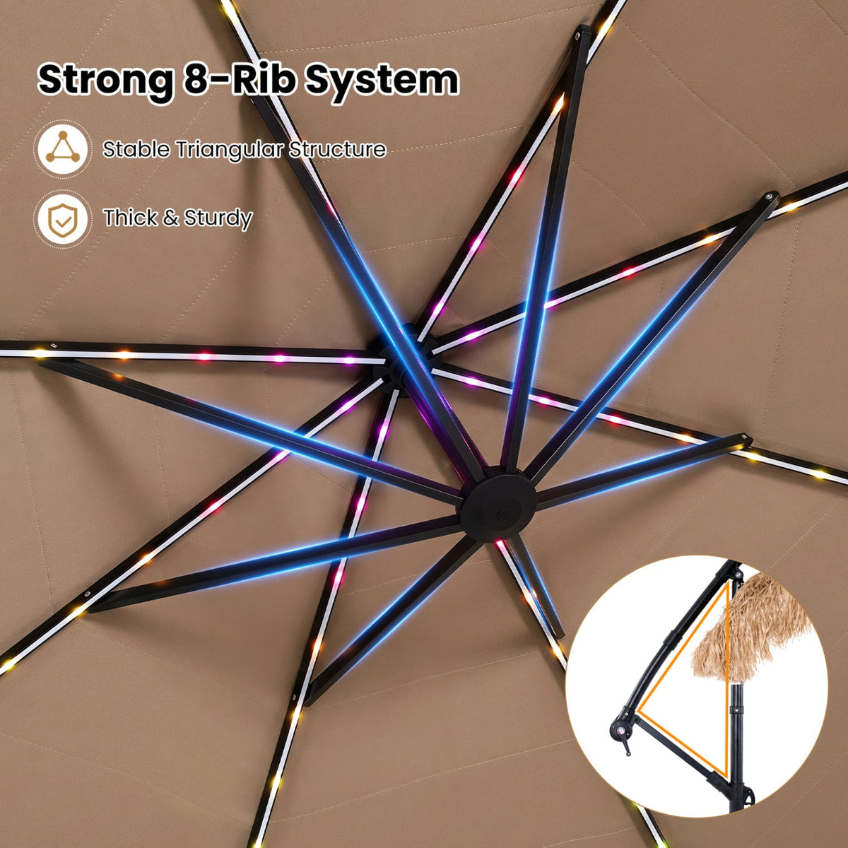 10 FT Solar Thatched Cantilever Umbrella with 96 Multi-color Flowing Lights and 12 Modes-Brown view 9