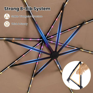 10 FT Solar Thatched Cantilever Umbrella with 96 Multi-color Flowing Lights and 12 Modes-Brown view 9