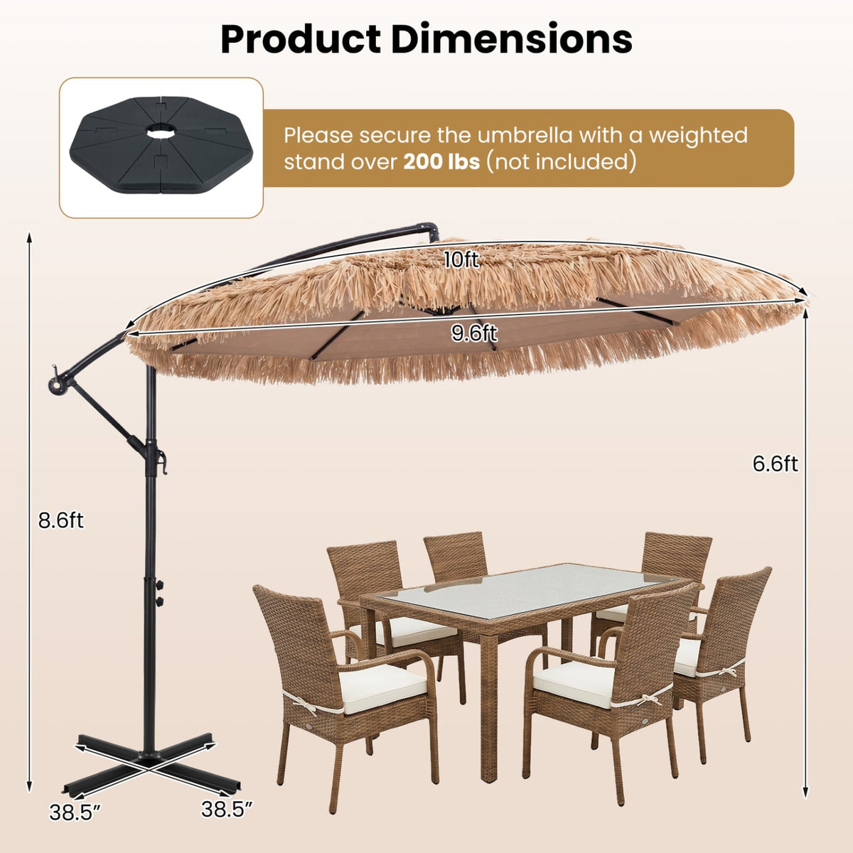 10 FT Solar Thatched Cantilever Umbrella with 12 Modes and Crank Lift-Brown view 4