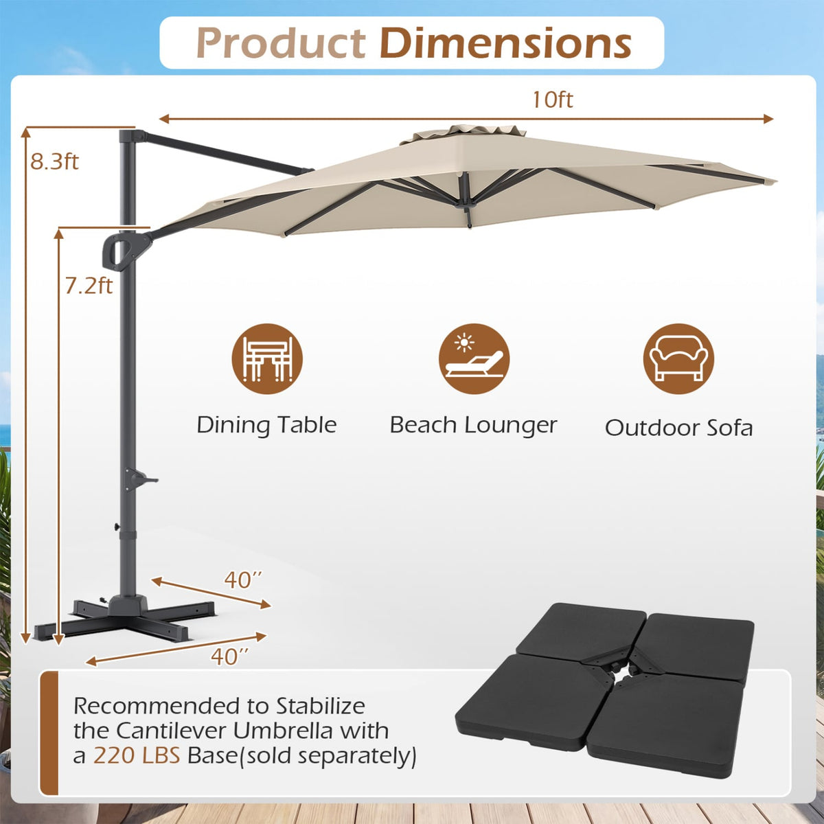 10 Feet Patio Cantilever Umbrella with Easy Tilt Adjustment-Beige view 5