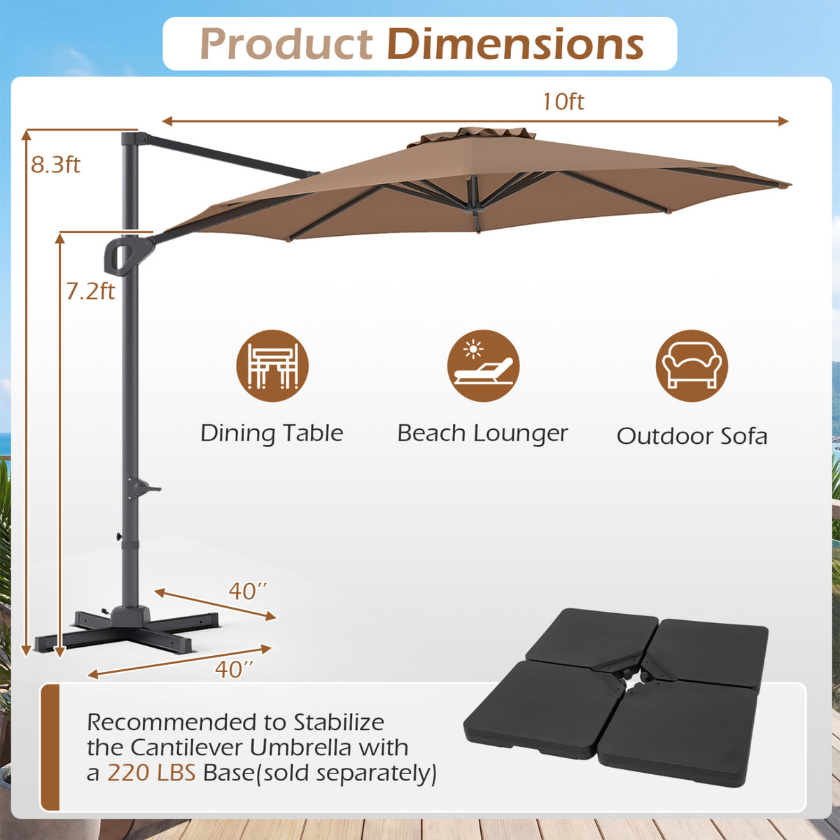 10 Feet Patio Cantilever Umbrella with Easy Tilt Adjustment-Brown view 5