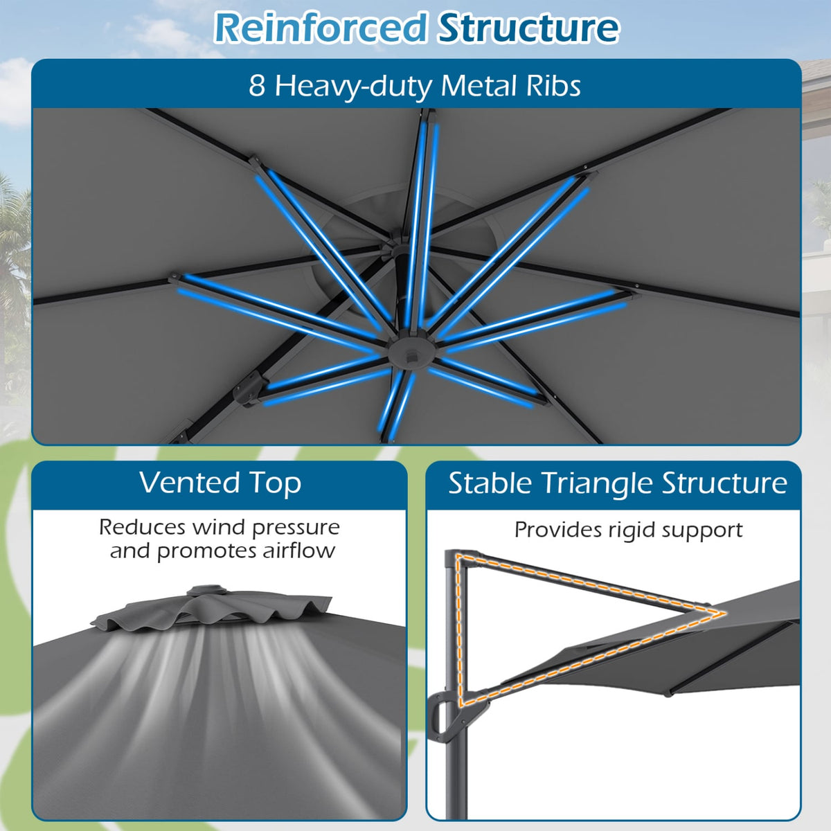 10 Feet Patio Cantilever Umbrella with Easy Tilt Adjustment-Gray view 8