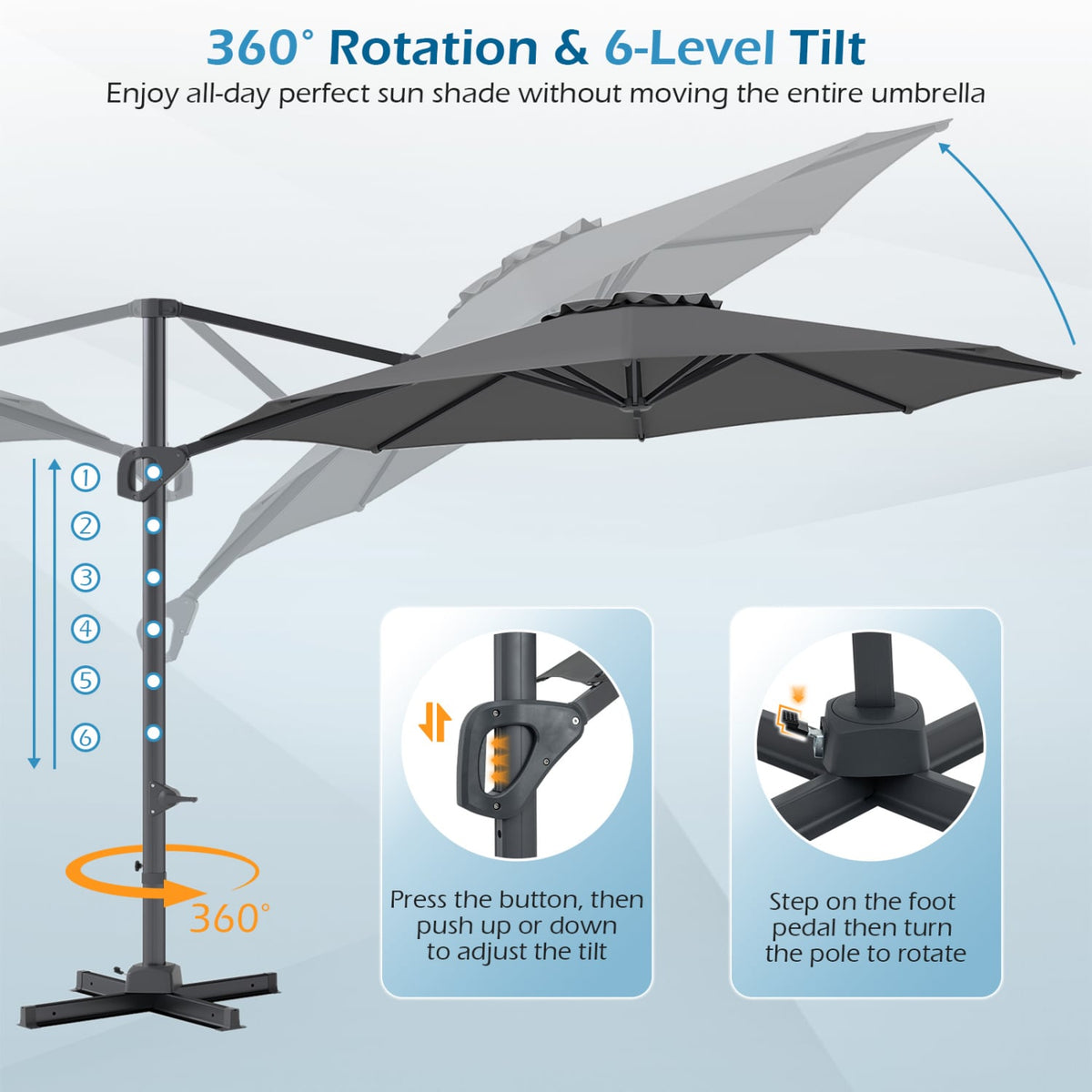 10 Feet Patio Cantilever Umbrella with Easy Tilt Adjustment-Gray view 9