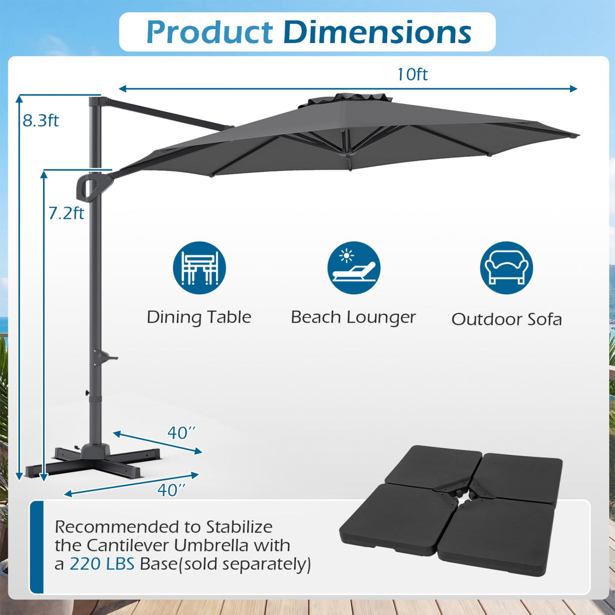 10 Feet Patio Cantilever Umbrella with Easy Tilt Adjustment-Gray view 5