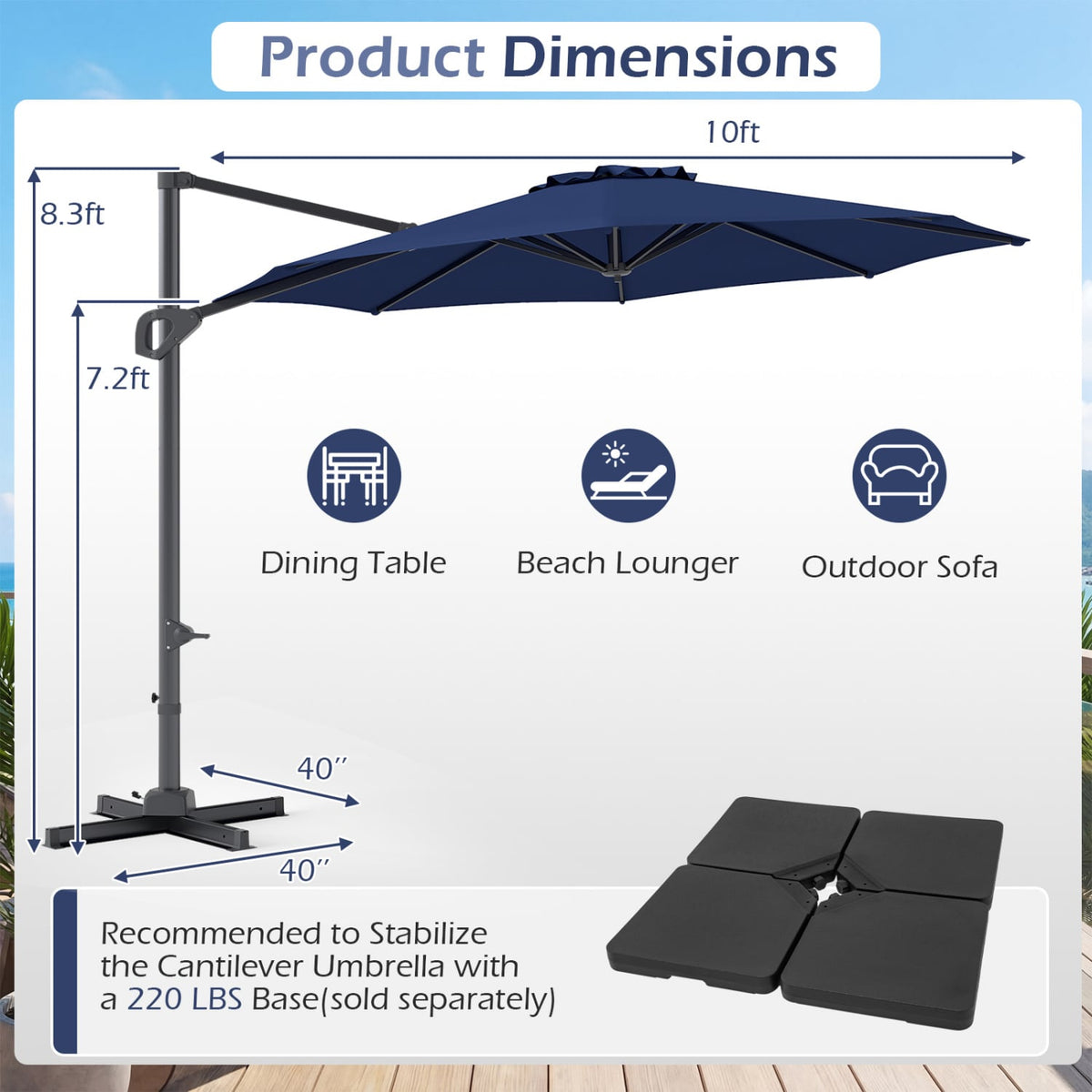 10 Feet Patio Cantilever Umbrella with Easy Tilt Adjustment-Navy view 5