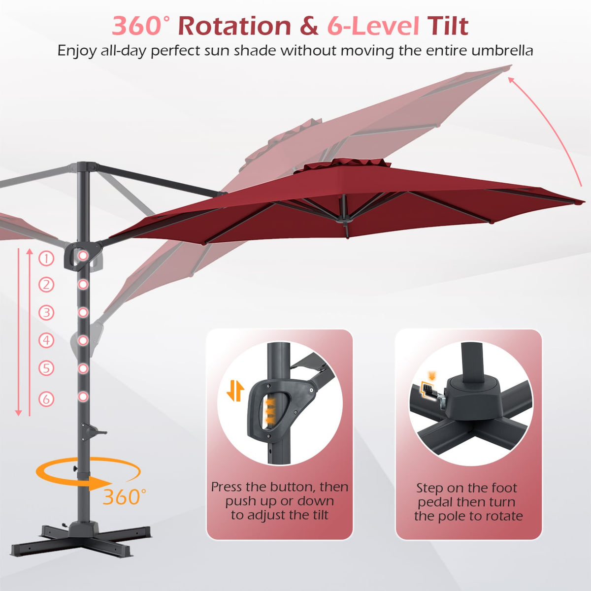 10 Feet Patio Cantilever Umbrella with Easy Tilt Adjustment-Wine view 9