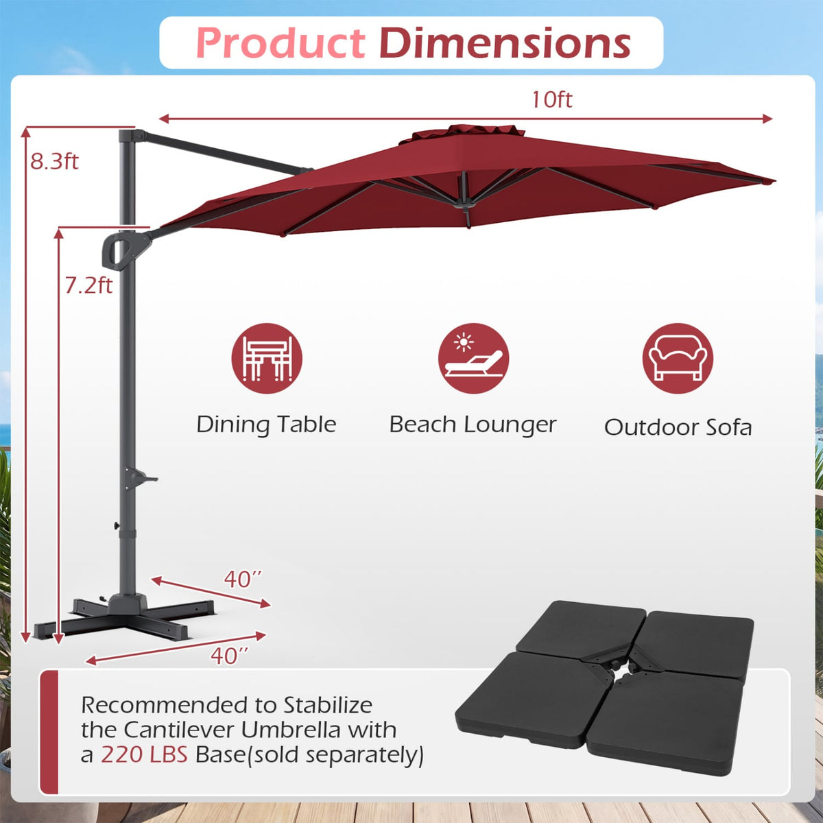 10 Feet Patio Cantilever Umbrella with Easy Tilt Adjustment-Wine view 5