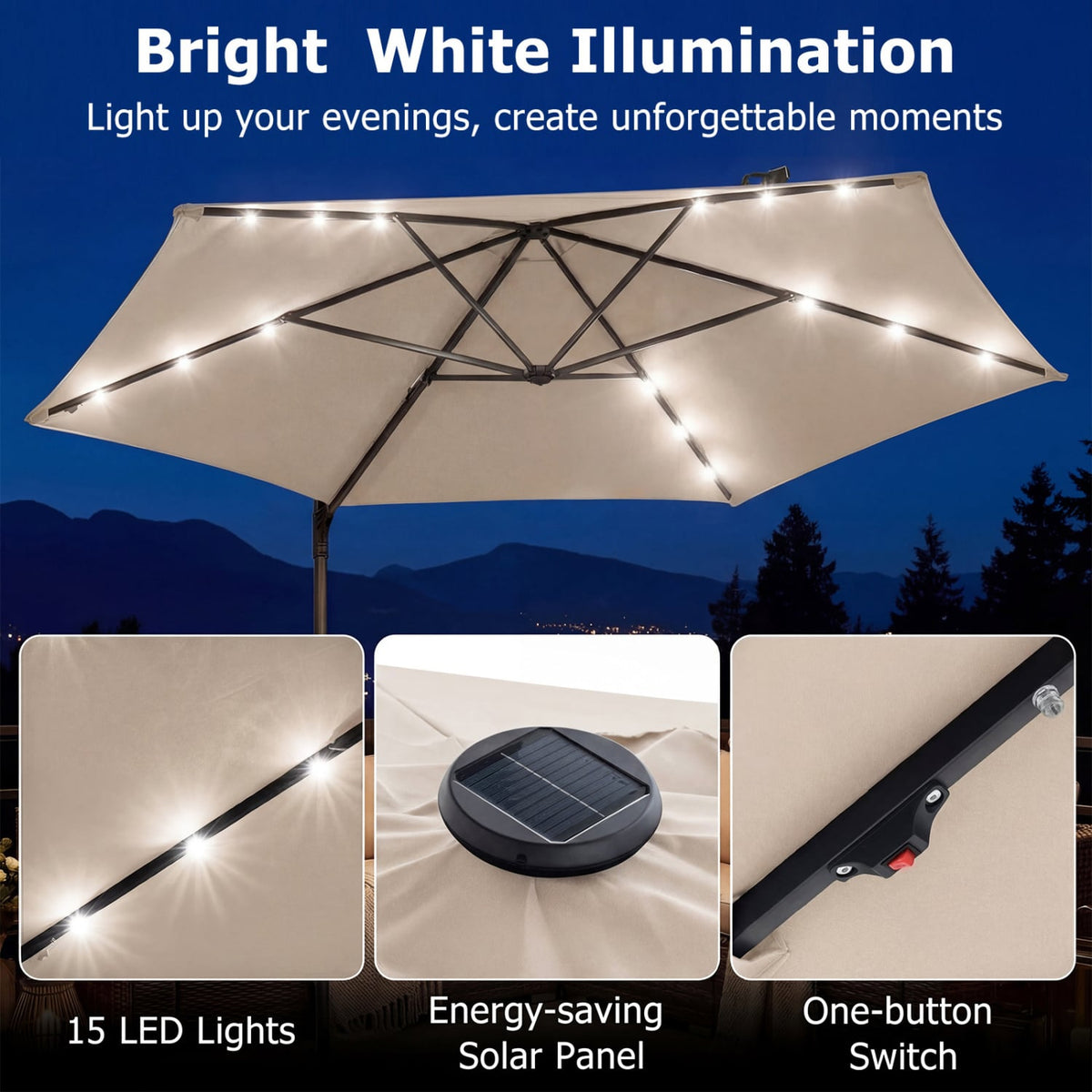 10 Feet Patio Cantilever Umbrella with Solar LED Lights-Beige view 6