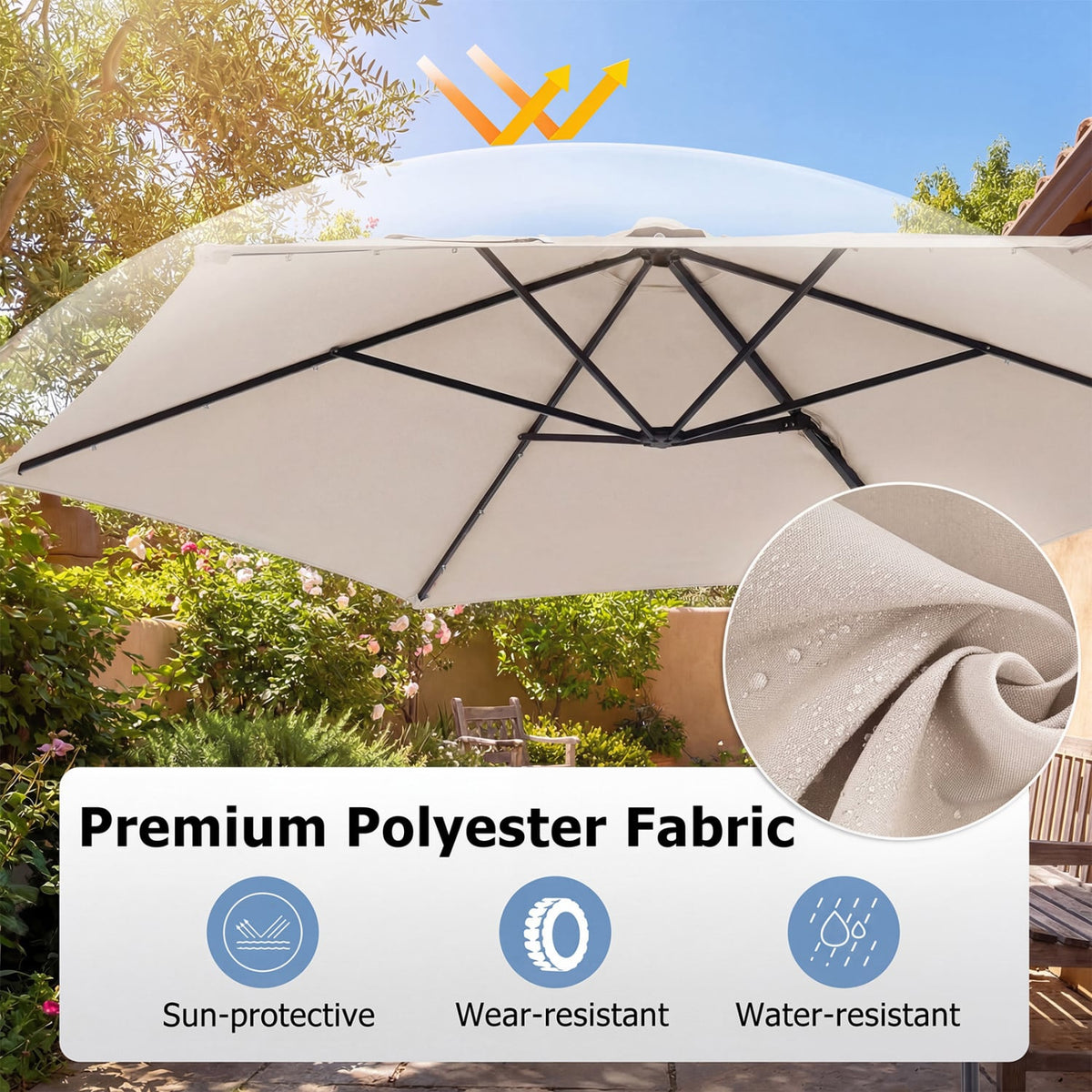 10 Feet Patio Cantilever Umbrella with Solar LED Lights-Beige view 7