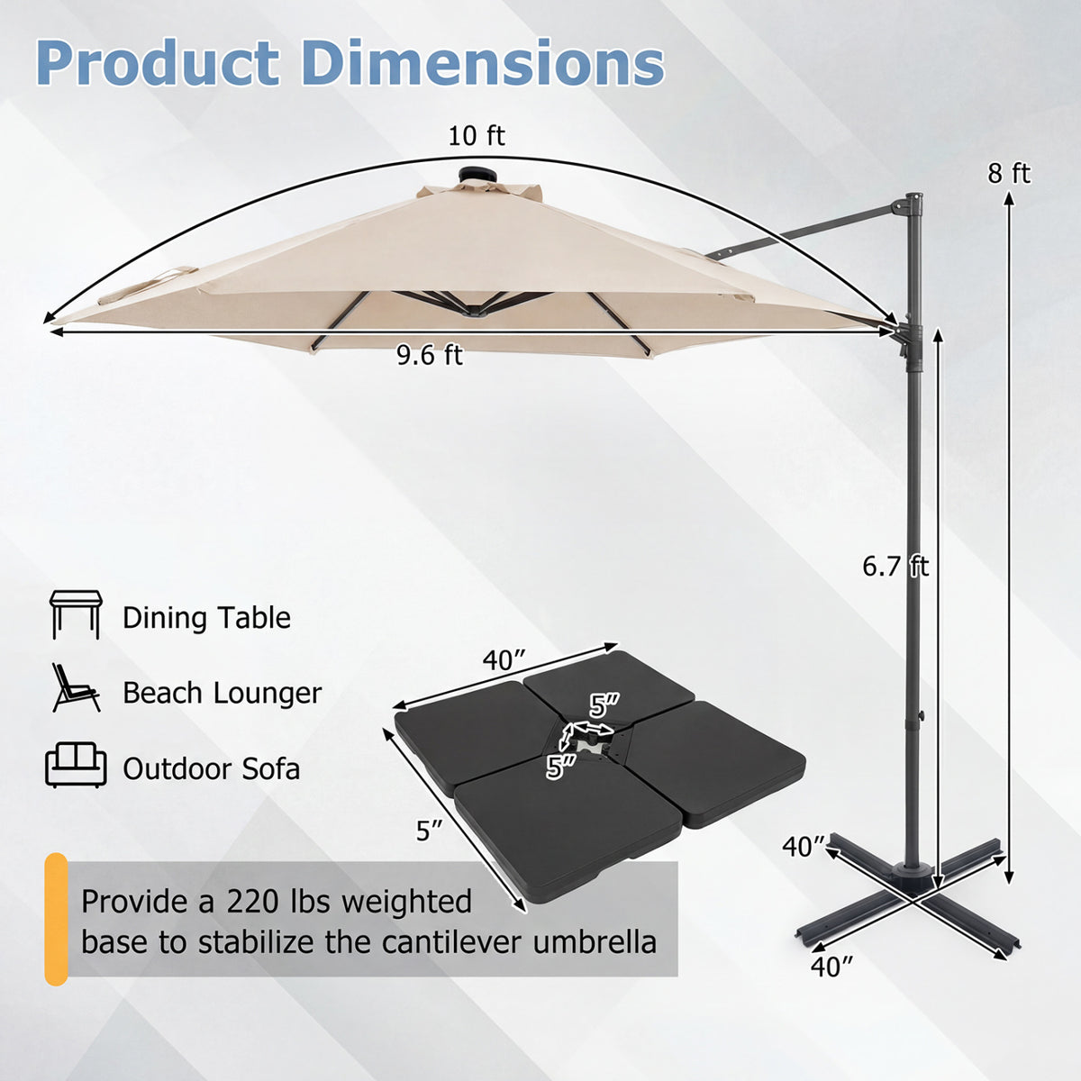 10 Feet Patio Cantilever Umbrella with Solar LED Lights-Beige view 4