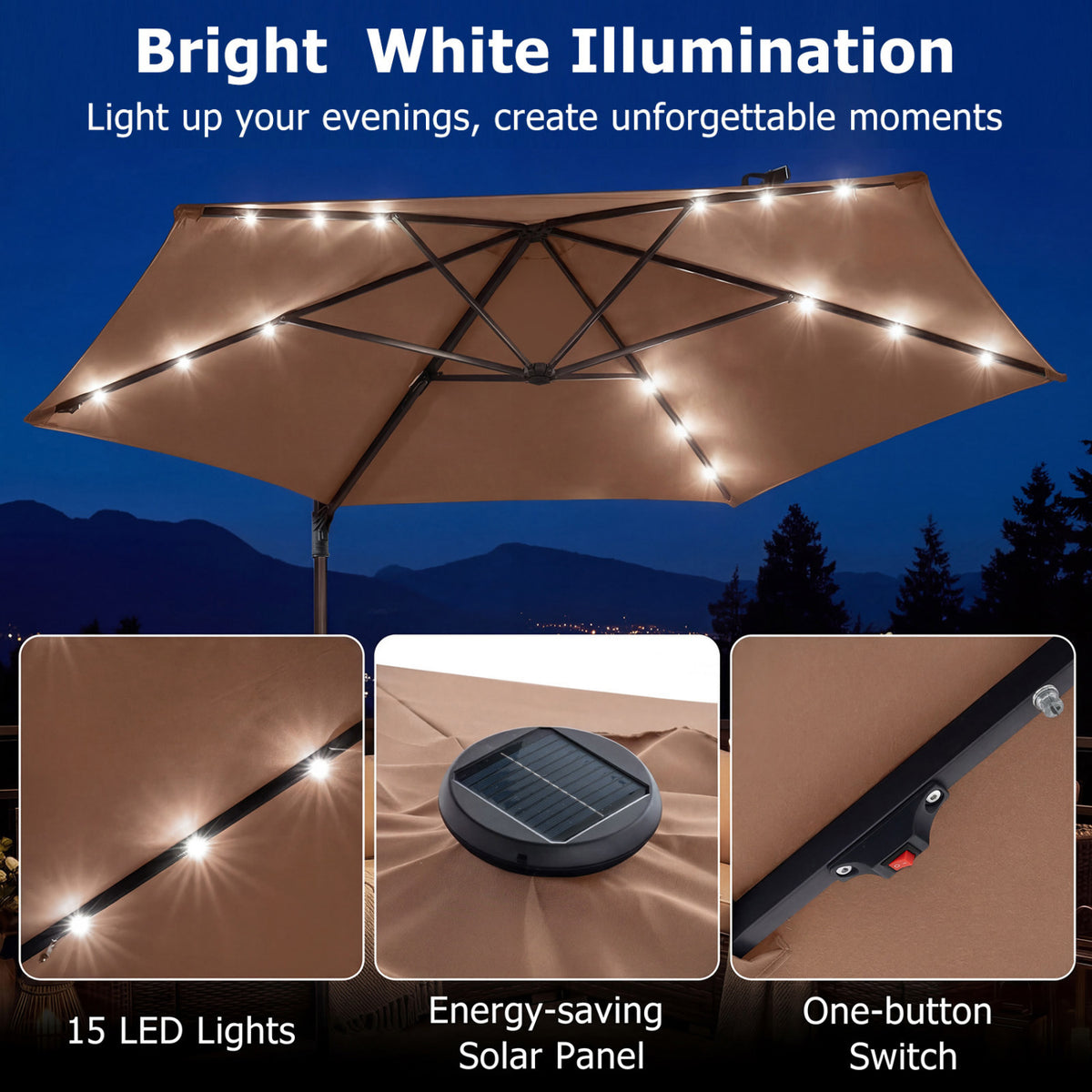 10 Feet Patio Cantilever Umbrella with Solar LED Lights-Tan view 7