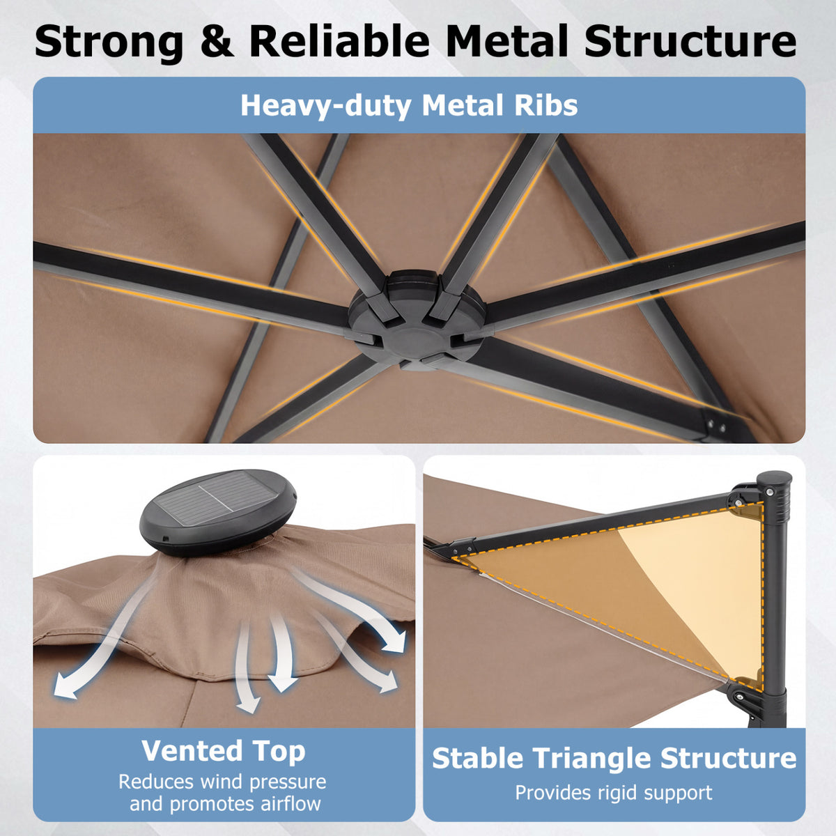 10 Feet Patio Cantilever Umbrella with Solar LED Lights-Tan view 8