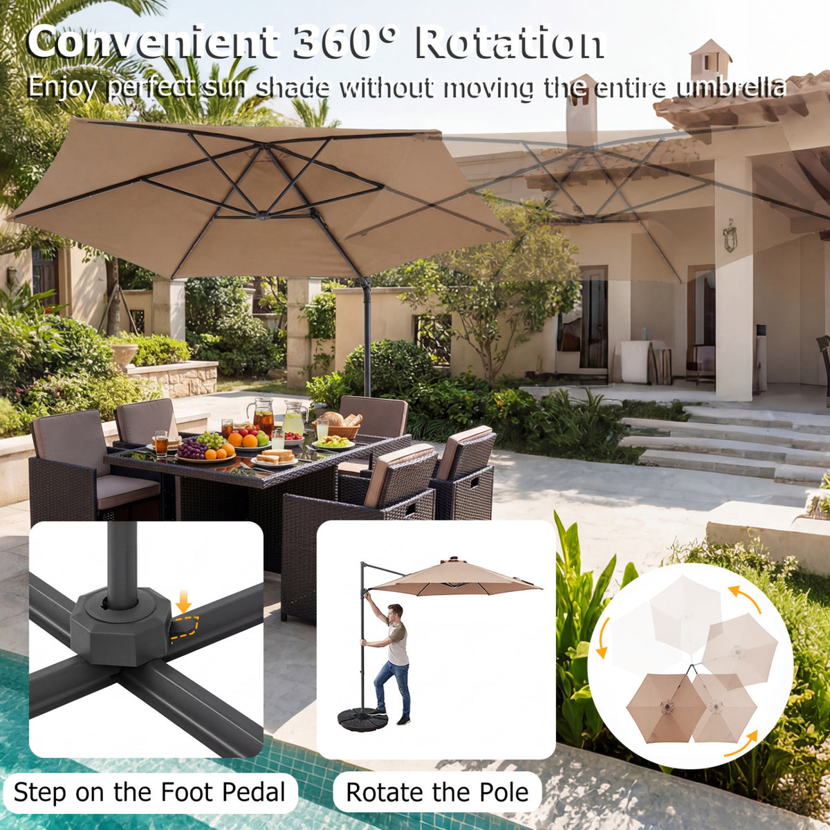 10 Feet Patio Cantilever Umbrella with Solar LED Lights-Tan view 9