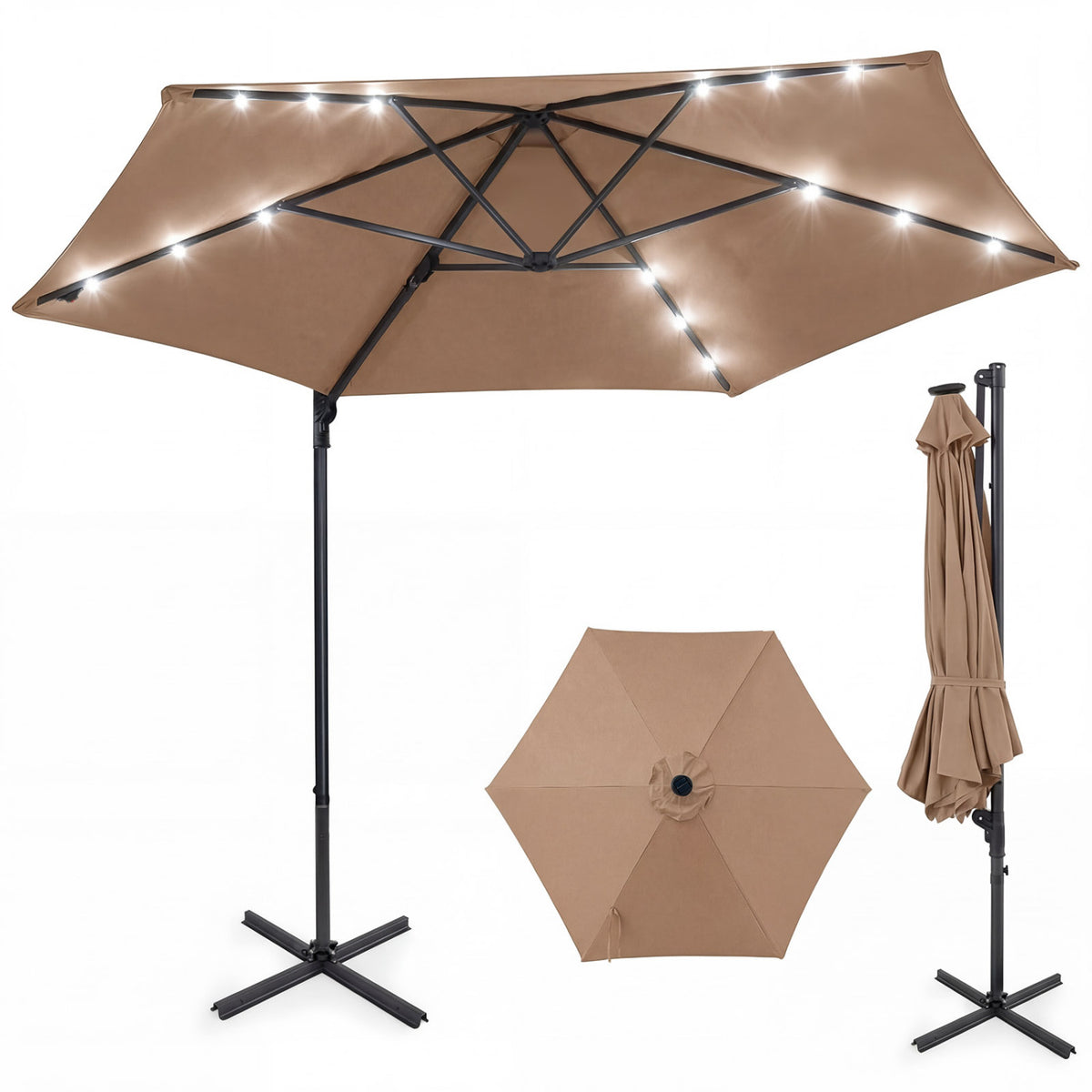 10 Feet Patio Cantilever Umbrella with Solar LED Lights-Tan view 4