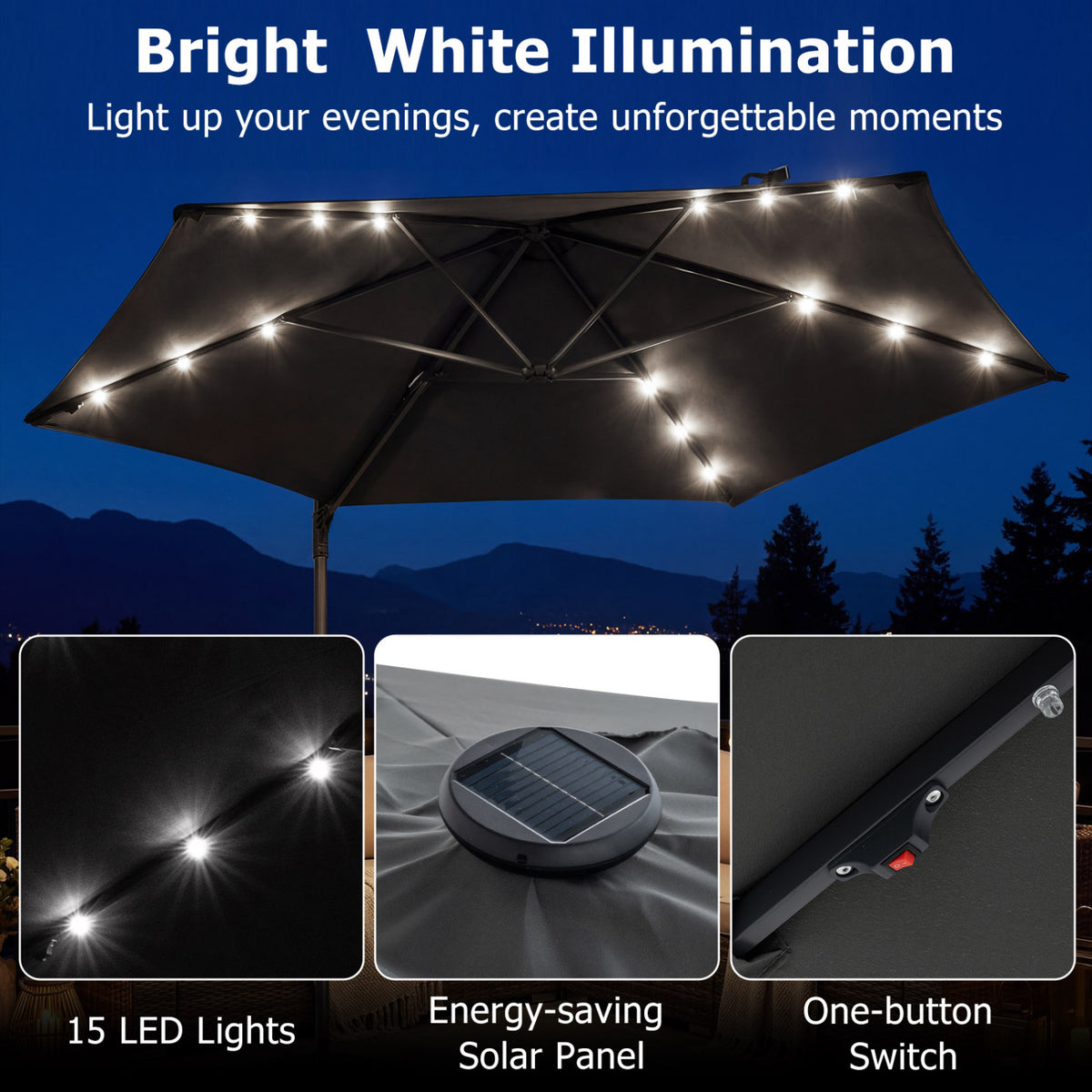 10 Feet Patio Cantilever Umbrella with Solar LED Lights-Gray view 7