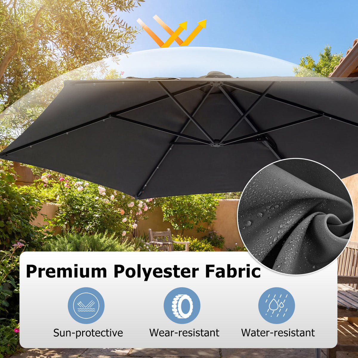 10 Feet Patio Cantilever Umbrella with Solar LED Lights-Gray view 8