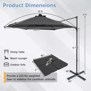 10 Feet Patio Cantilever Umbrella with Solar LED Lights-Gray view 5