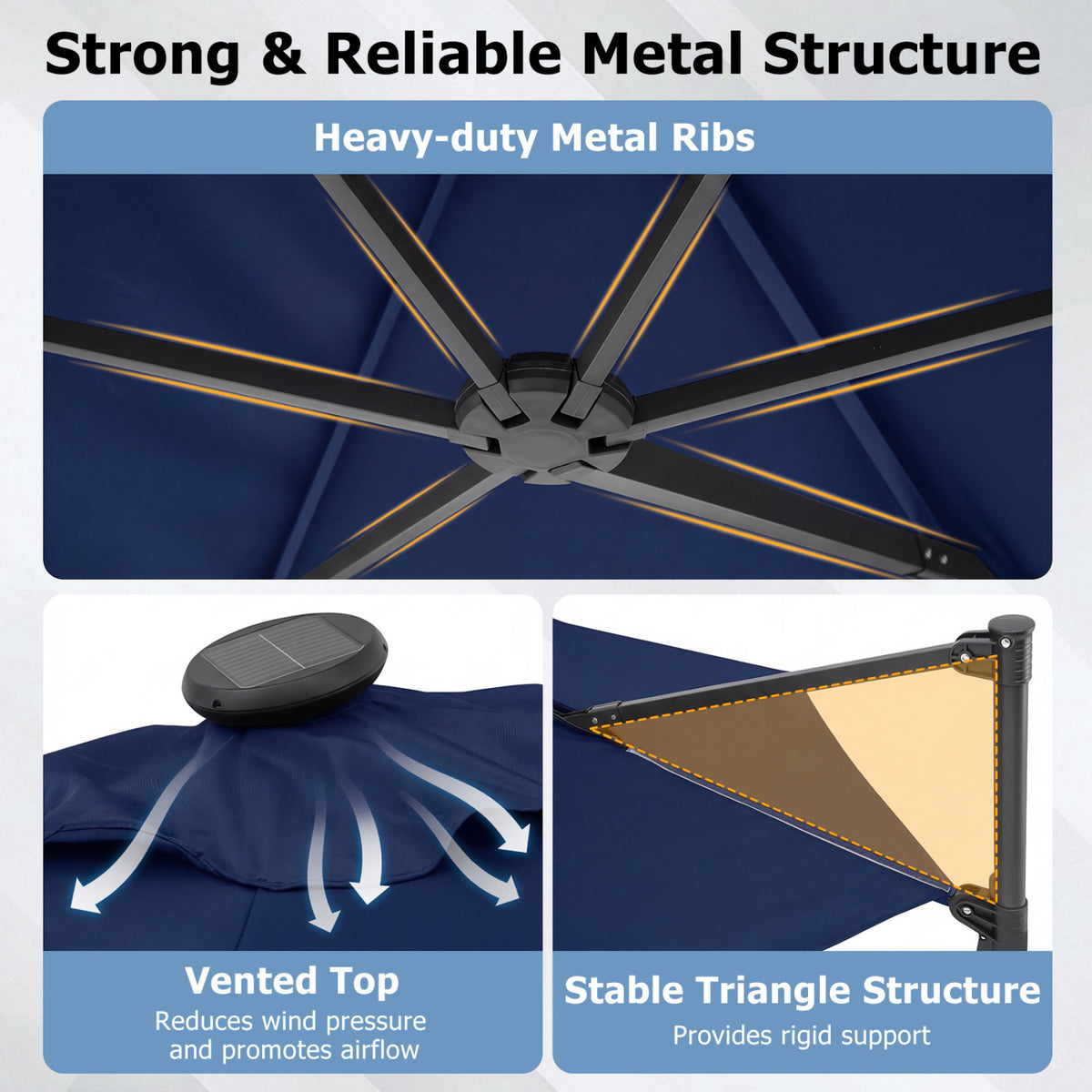 10 Feet Patio Cantilever Umbrella with Solar LED Lights-Navy view 7
