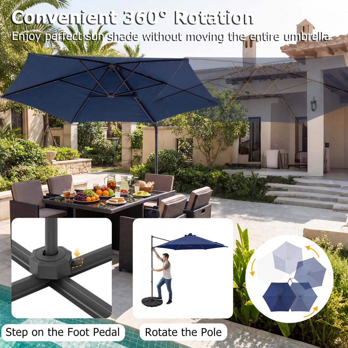 10 Feet Patio Cantilever Umbrella with Solar LED Lights-Navy view 8