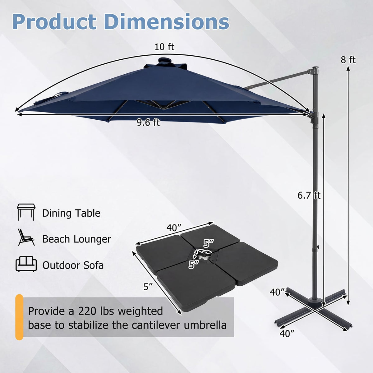 10 Feet Patio Cantilever Umbrella with Solar LED Lights-Navy view 4