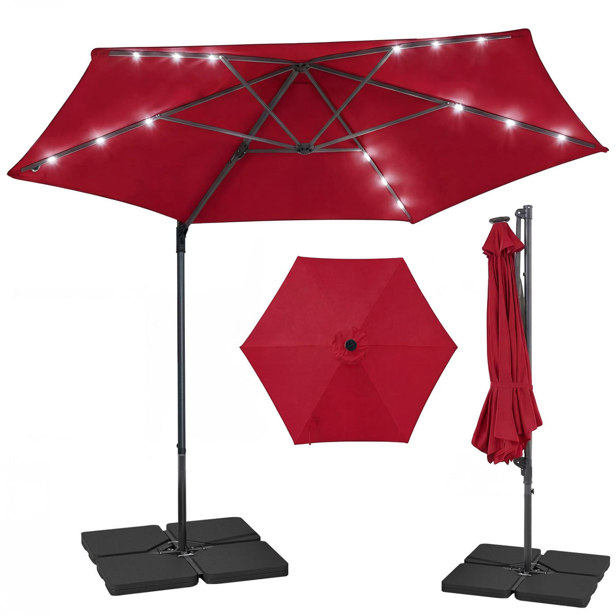 10 Feet Patio Cantilever Umbrella with Solar LED Lights-Wine view 4