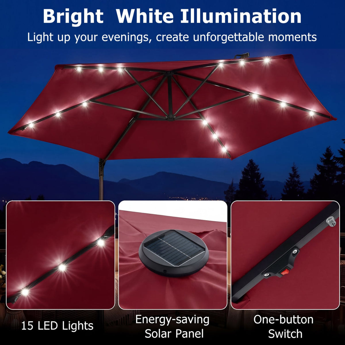 10 Feet Patio Cantilever Umbrella with Solar LED Lights-Wine view 7