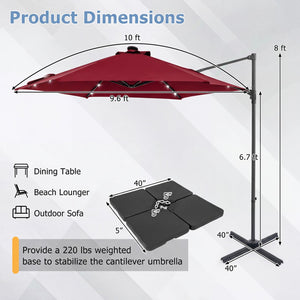 10 Feet Patio Cantilever Umbrella with Solar LED Lights-Wine view 5