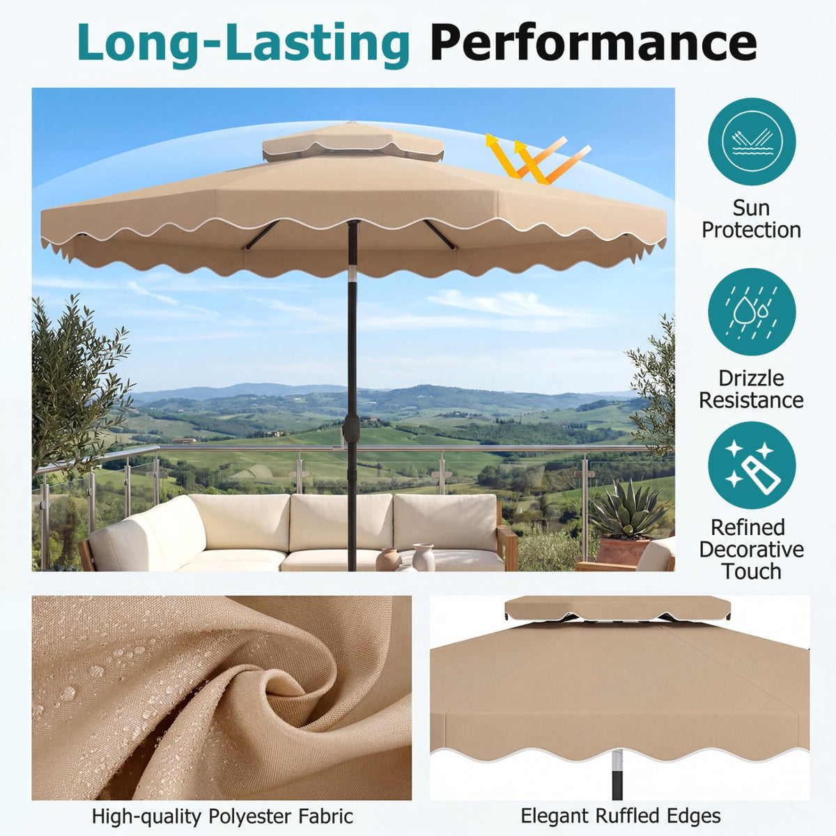 10 Feet Patio Umbrella with Push Button Tilt and Crank-Coffee view 7